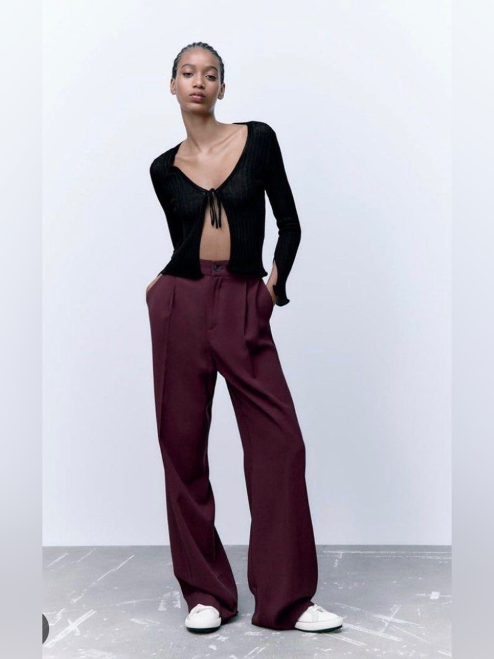Zara Full Length Pleated Wide-Leg High-Waist Pants in Burgundy